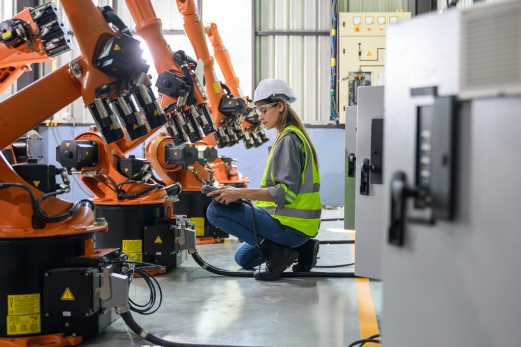 Maintenance engineer worker working with robotic machine automation