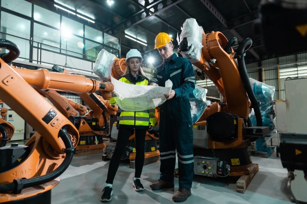 Robotic engineer team automatic holding blueprint checking Plan system of automation